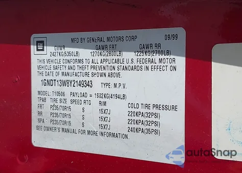 2000 Chevrolet Blazer Ls from USA, damaged, VIN 1GNDT13W8Y2149343